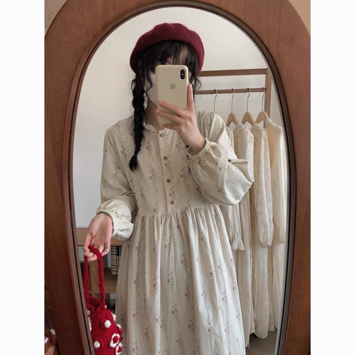 Corduroy Floral Lace Midi Dress - Sweet Long-Sleeve Loose Fit Dress