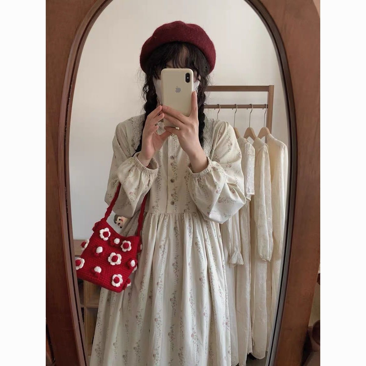 Corduroy Floral Lace Midi Dress - Sweet Long-Sleeve Loose Fit Dress