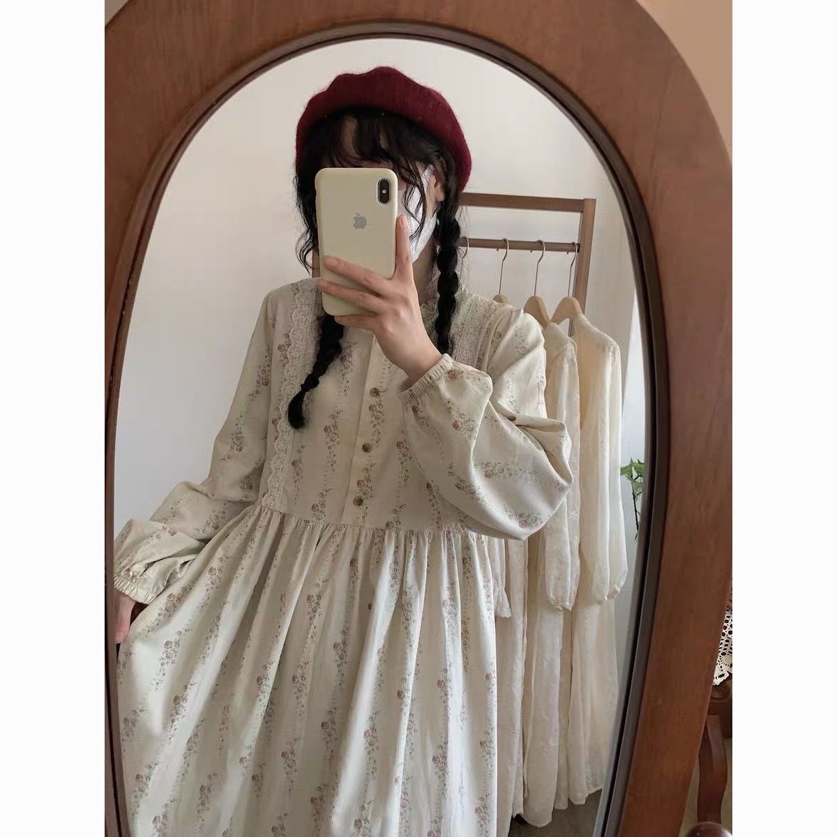 Corduroy Floral Lace Midi Dress - Sweet Long-Sleeve Loose Fit Dress