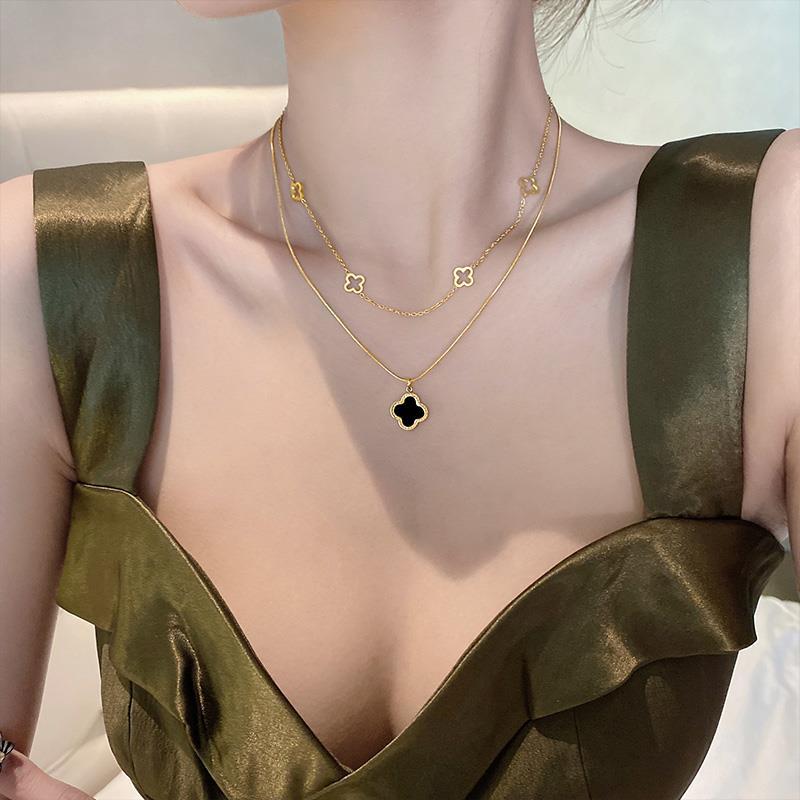 Double-Layer Four-Leaf Clover Necklace –  Titanium Steel Luxury Chain