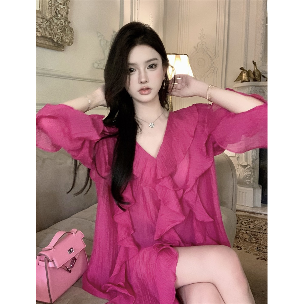 French V-Neck Ruffle - Rose Red Loose Mid-Length Shirt Dress