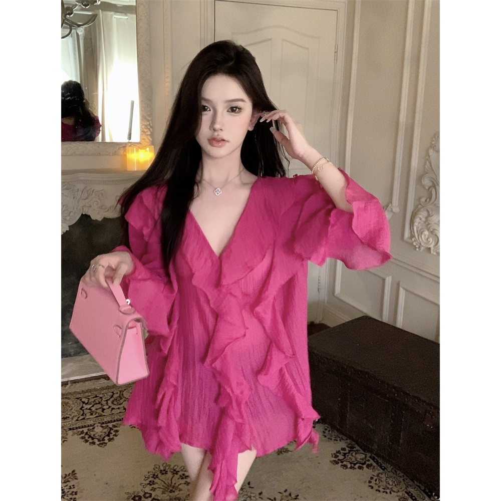 French V-Neck Ruffle - Rose Red Loose Mid-Length Shirt Dress