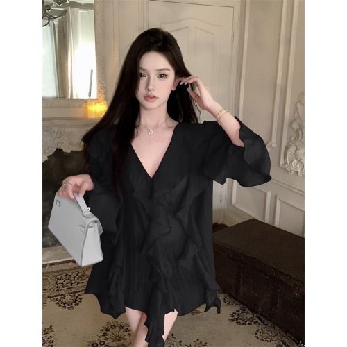 French V-Neck Ruffle - Rose Red Loose Mid-Length Shirt Dress