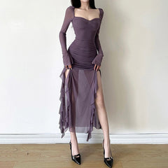 Elegant Lilac Waist-Cinching Dress – French Style, Asymmetrical Hem Dress