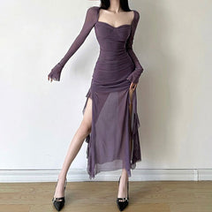 Elegant Lilac Waist-Cinching Dress – French Style, Asymmetrical Hem Dress