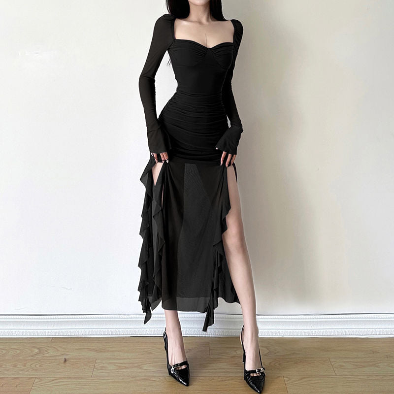 Elegant Lilac Waist-Cinching Dress – French Style, Asymmetrical Hem Dress
