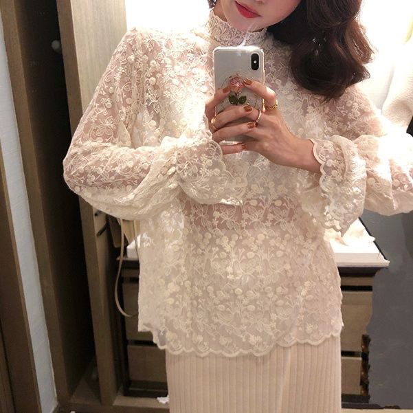 Chic Lace Mesh Blouse – Semi-Turtleneck Elegant Base Layer
