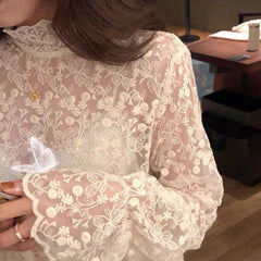 Chic Lace Mesh Blouse – Semi-Turtleneck Elegant Base Layer