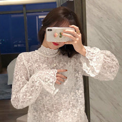 Chic Lace Mesh Blouse – Semi-Turtleneck Elegant Base Layer