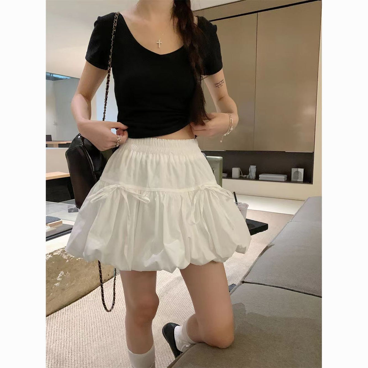 White Bow Tie Puffy Mini Skirt – A-Line Tulip Skirt for Women