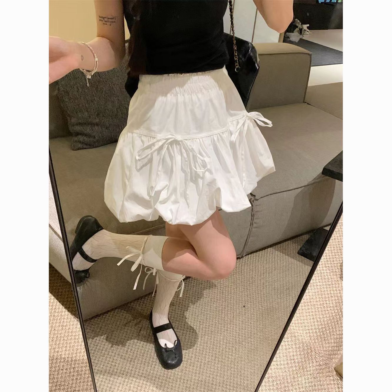 White Bow Tie Puffy Mini Skirt – A-Line Tulip Skirt for Women