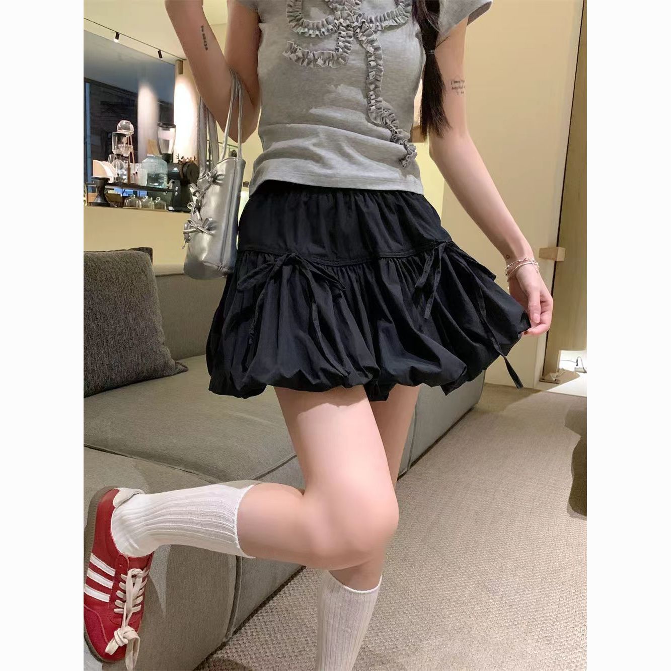 White Bow Tie Puffy Mini Skirt – A-Line Tulip Skirt for Women