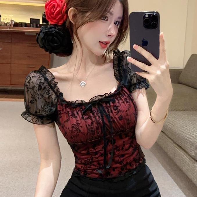 French Square Neck Mesh Lace Puff Sleeve Off-Shoulder Top