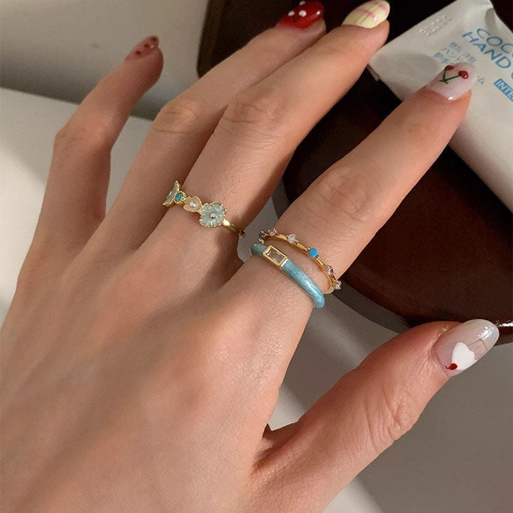 Blue Enamel Mother-of-Pearl Ring – Light Luxury Summer Statement Ring for Women