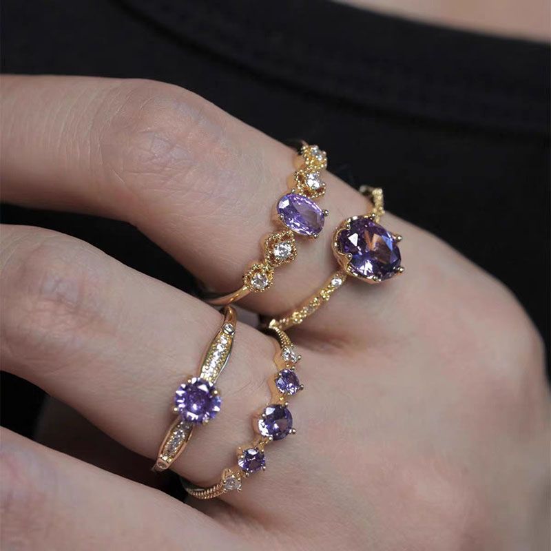 French Retro Purple Open Ring – Sparkling Vintage-Inspired Statement Ring for Women