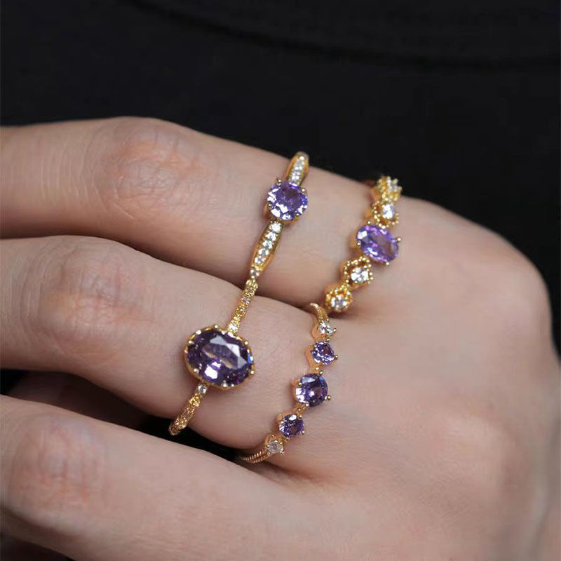 French Retro Purple Open Ring – Sparkling Vintage-Inspired Statement Ring for Women