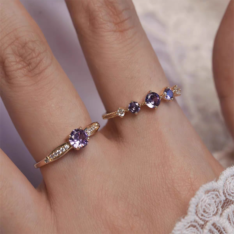 French Retro Purple Open Ring – Sparkling Vintage-Inspired Statement Ring for Women