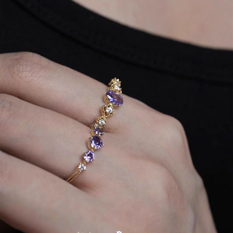 French Retro Purple Open Ring – Sparkling Vintage-Inspired Statement Ring for Women