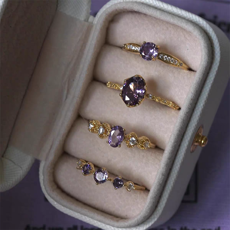 French Retro Purple Open Ring – Sparkling Vintage-Inspired Statement Ring for Women