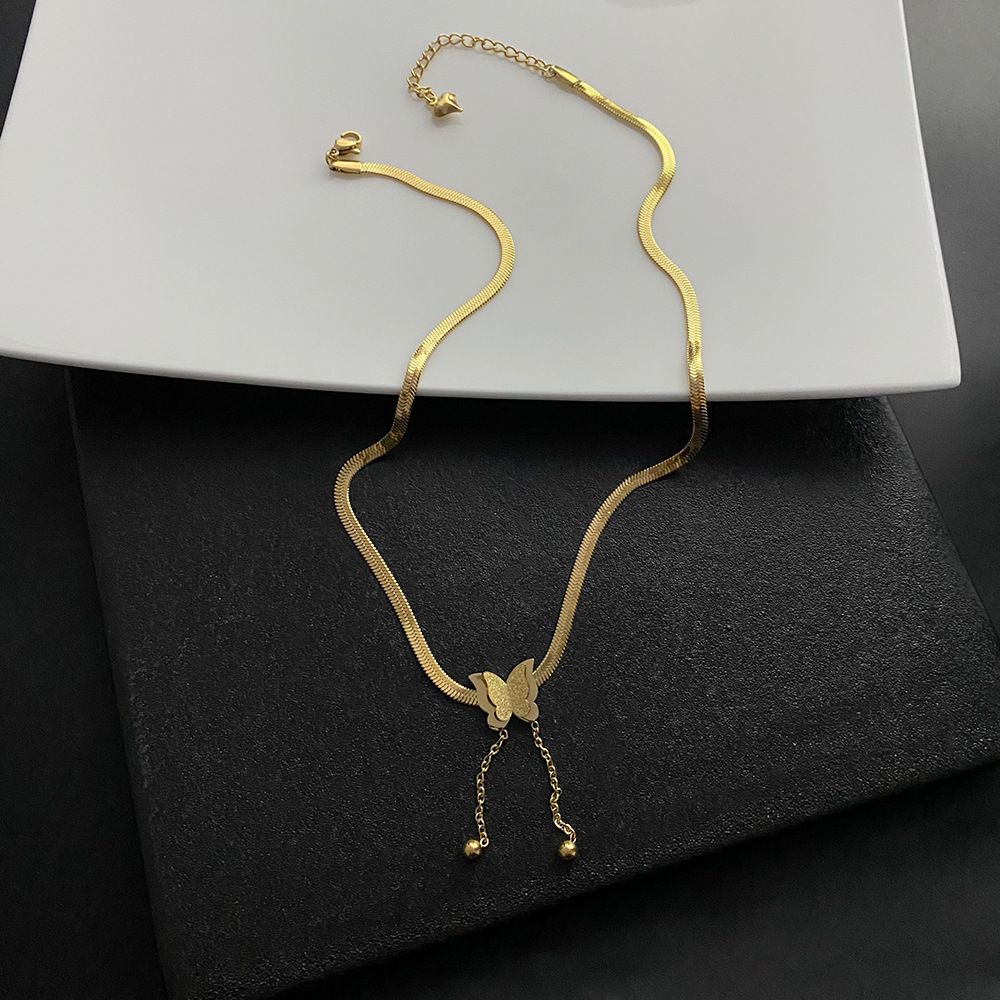 Gold Matte Butterfly Tassel Choker – Titanium Steel Snake Chain Necklace