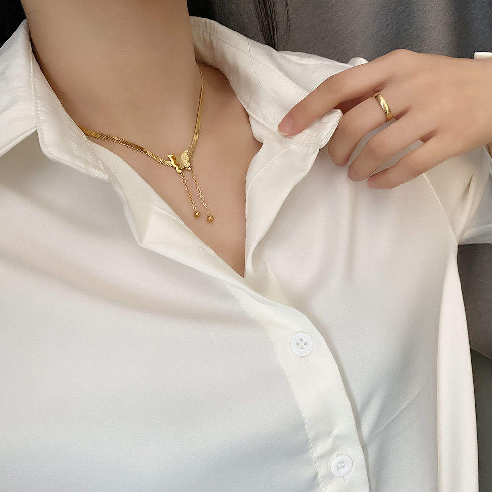 Gold Matte Butterfly Tassel Choker – Titanium Steel Snake Chain Necklace