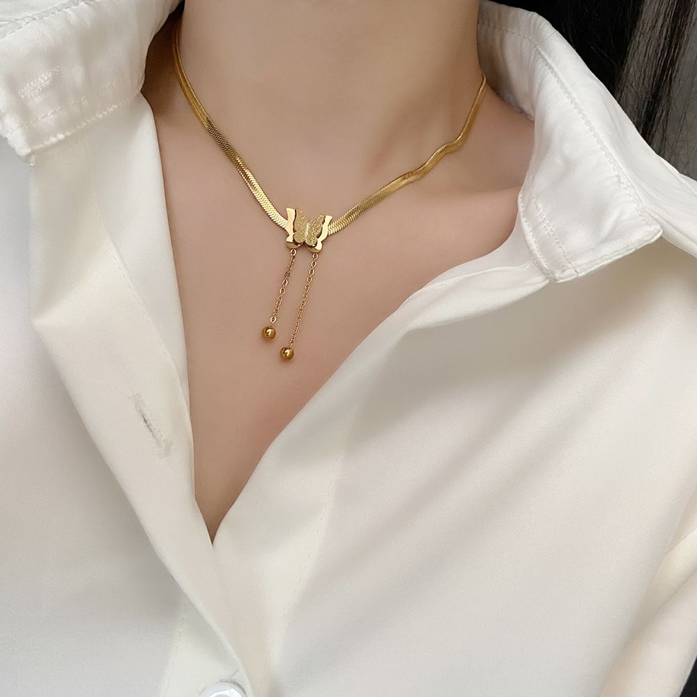 Gold Matte Butterfly Tassel Choker – Titanium Steel Snake Chain Necklace