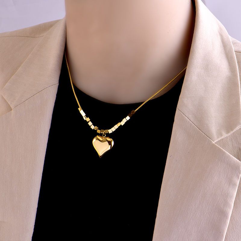 Delicate Heart & Lucky Cube Titanium Steel Necklace – Sweet Party-Ready Clavicle Chain