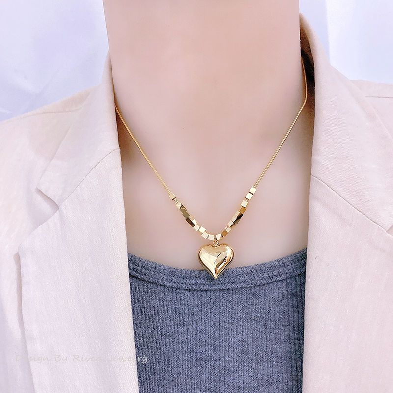 Delicate Heart & Lucky Cube Titanium Steel Necklace – Sweet Party-Ready Clavicle Chain