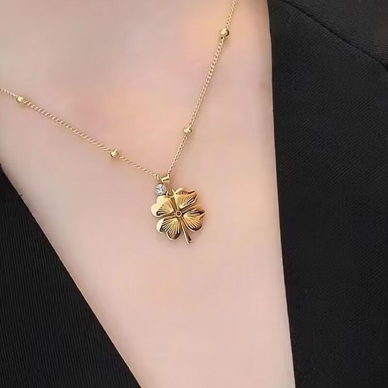 Lucky Four-Leaf Clover Necklace – Hollow Titanium Steel with Crystals