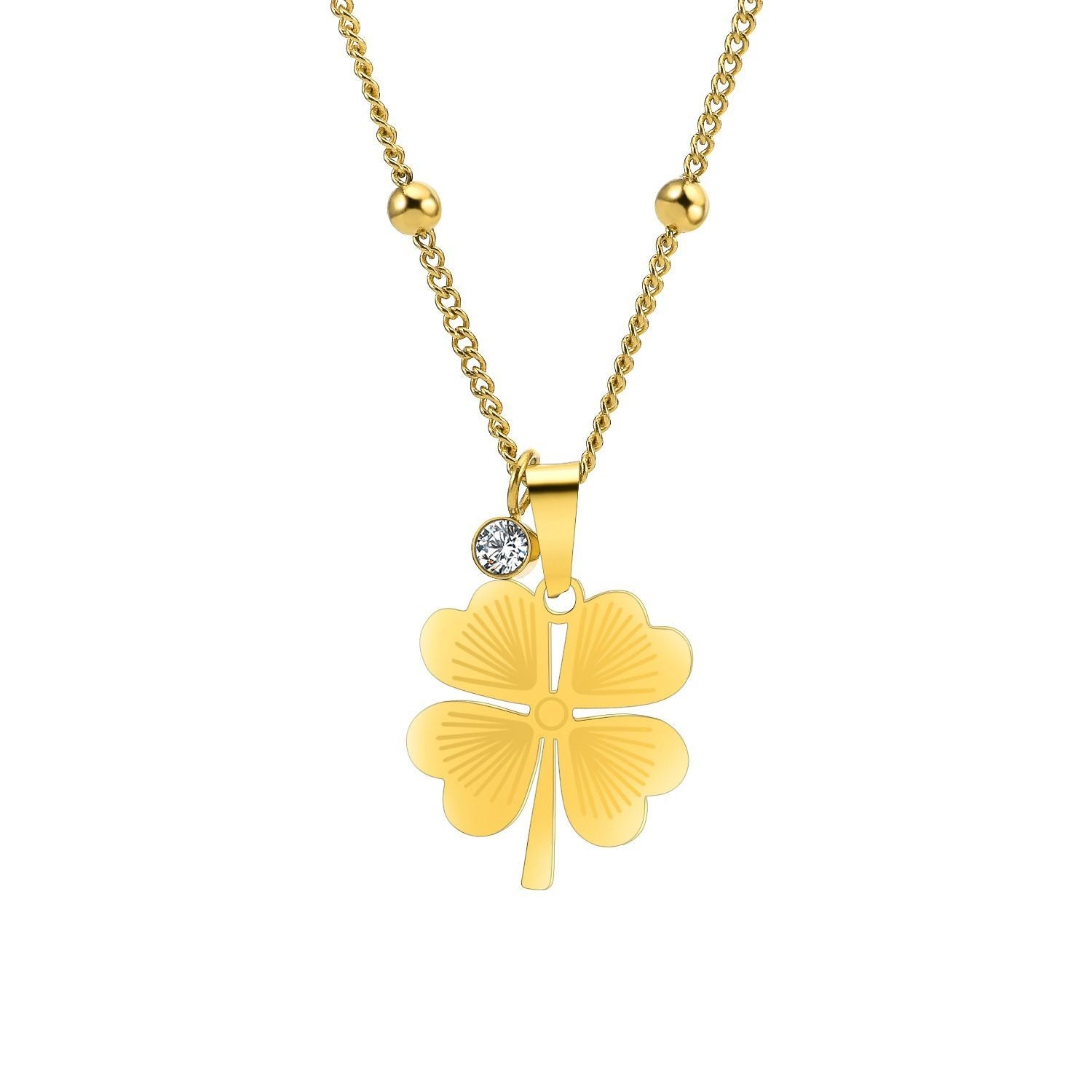Lucky Four-Leaf Clover Necklace – Hollow Titanium Steel with Crystals