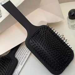 Minimalist Black Air Cushion Hairbrush – Anti-Static Paddle Comb for Women