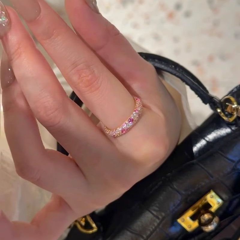 Dopamine Pink Zircon Ring – Colorful Pavé Stacking Band, Light Luxury Style