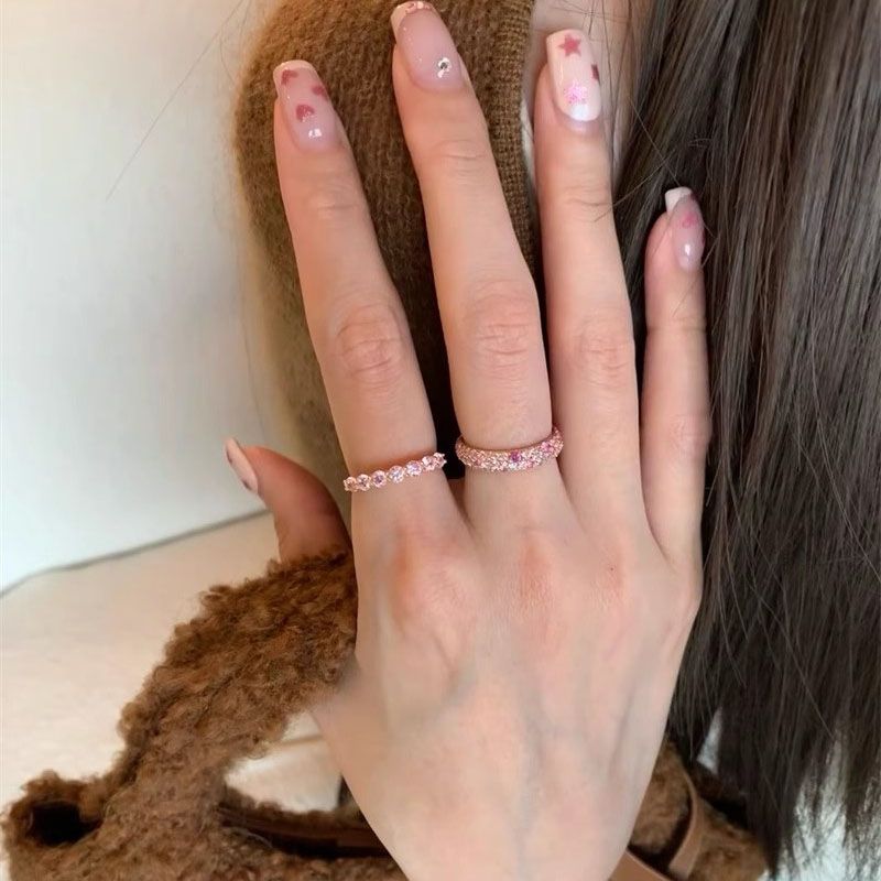 Dopamine Pink Zircon Ring – Colorful Pavé Stacking Band, Light Luxury Style