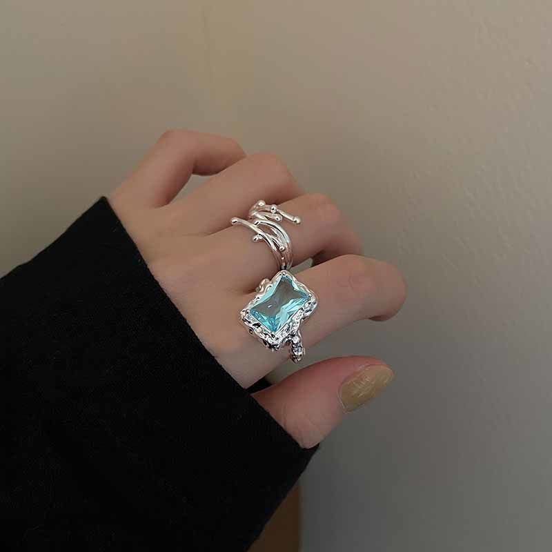 Geometric Square Zircon Open Ring – Adjustable High-End INS Style for Women