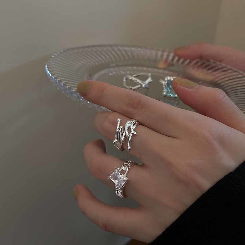 Geometric Square Zircon Open Ring – Adjustable High-End INS Style for Women
