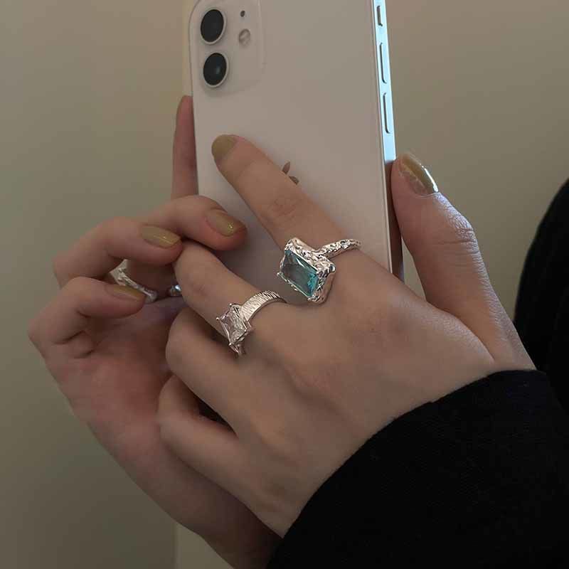 Geometric Square Zircon Open Ring – Adjustable High-End INS Style for Women