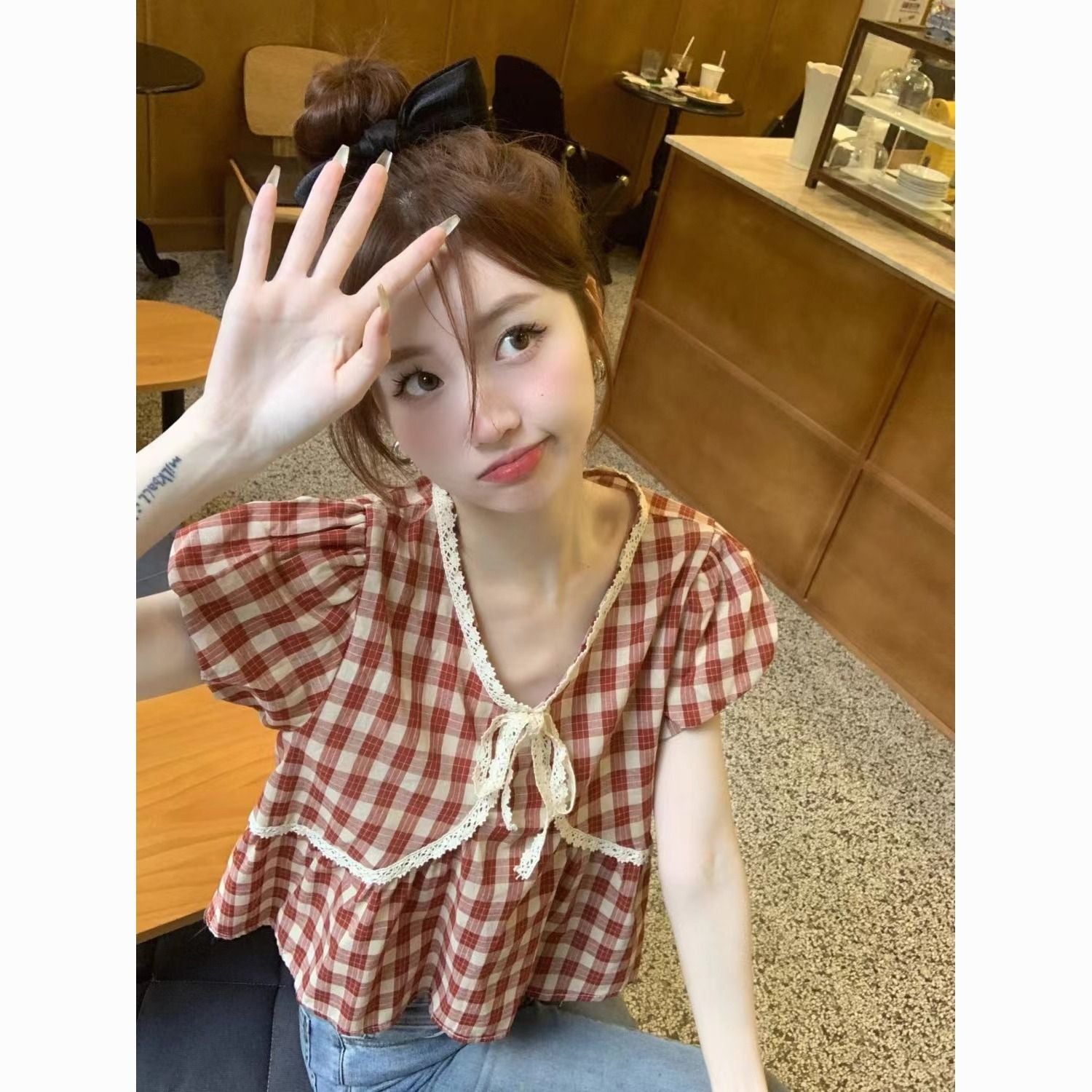 Retro Plaid Puff Sleeve Lace V-Neck Babydoll Blouse – Korean Style