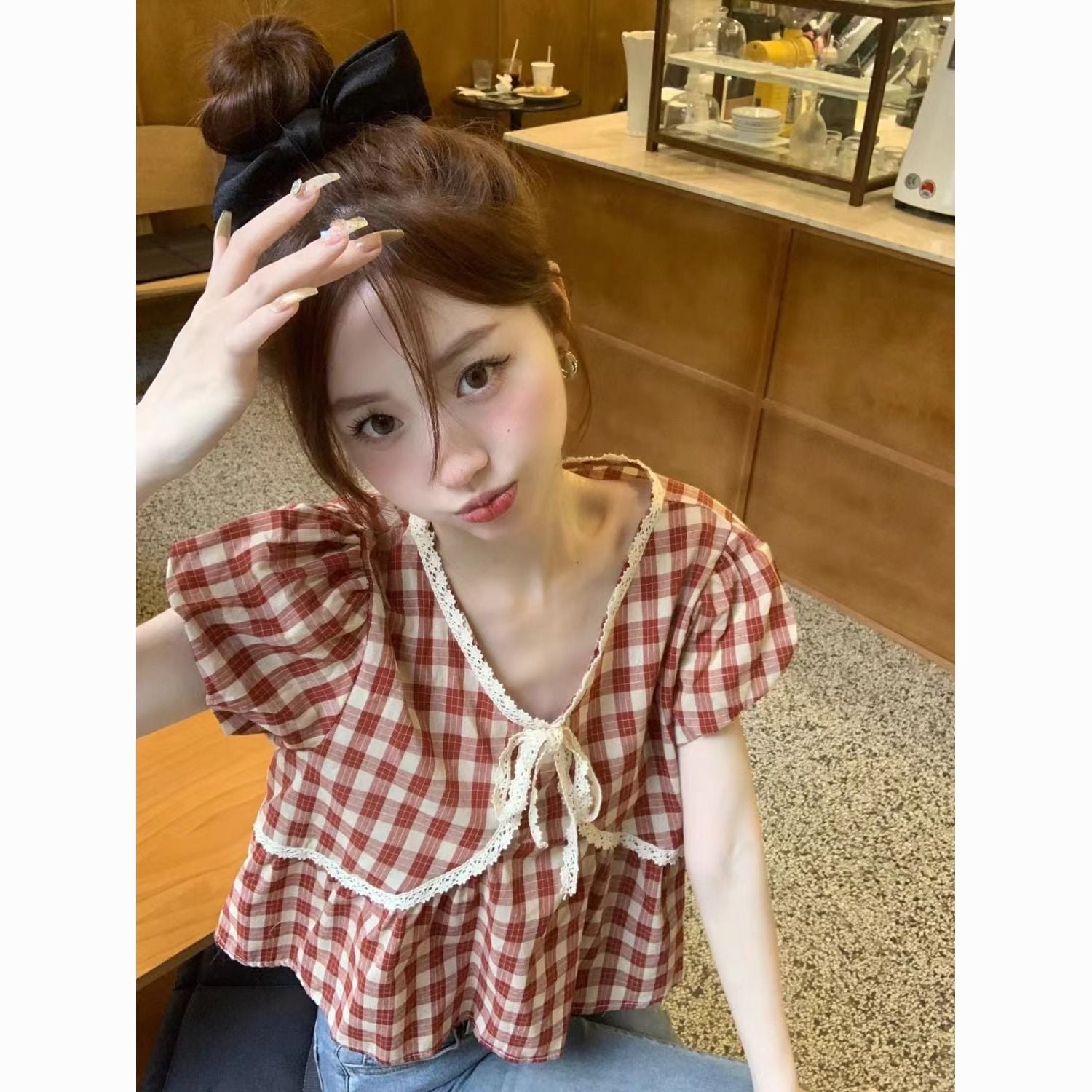 Retro Plaid Puff Sleeve Lace V-Neck Babydoll Blouse – Korean Style