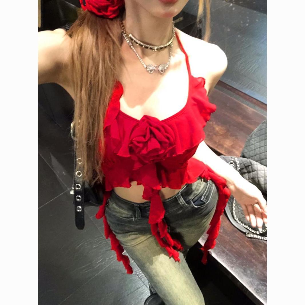 Bangkok Heatwave Red Halter Strap Tank Top – Y2K Pure Desire Slim Fit Street Style for Women