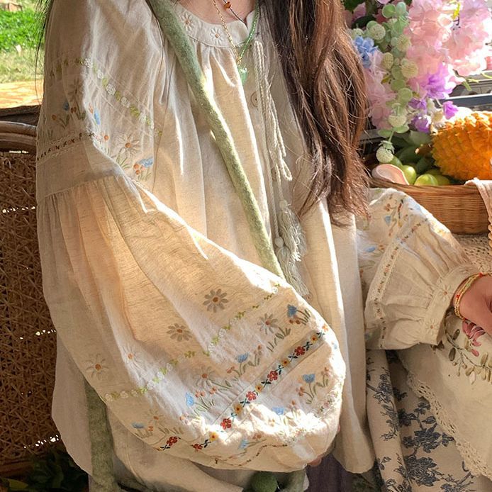 Honey Daisy Embroidered Tassel Blouse – Vintage Loose Fit