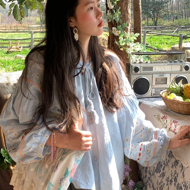 Honey Daisy Embroidered Tassel Blouse – Vintage Loose Fit