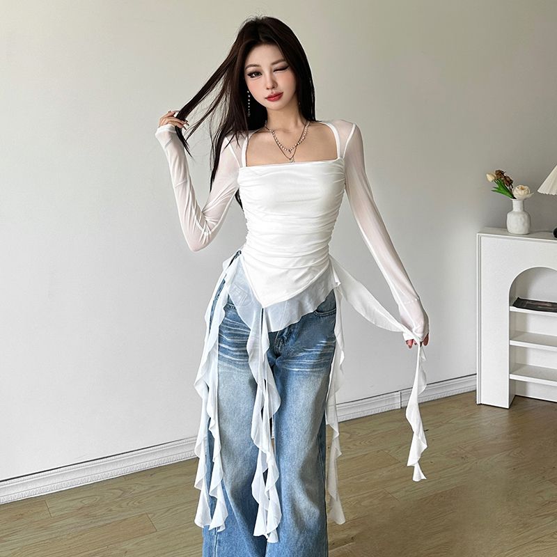 Fairy Ruffle Mesh Square Neck Top – Y2K Slim Fit Long Sleeve for Women