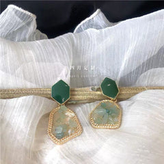 Retro Green Geometric Irregular Stud Earrings – French Chic Stone-Inlaid Statement