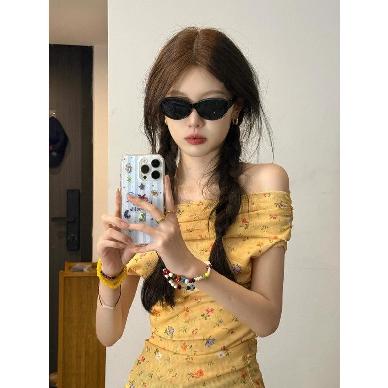 Korean Floral One-Shoulder Ribbon Top – Slim Fit