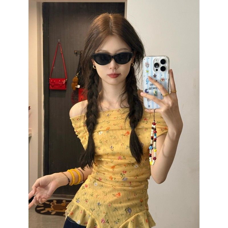 Korean Floral One-Shoulder Ribbon Top – Slim Fit