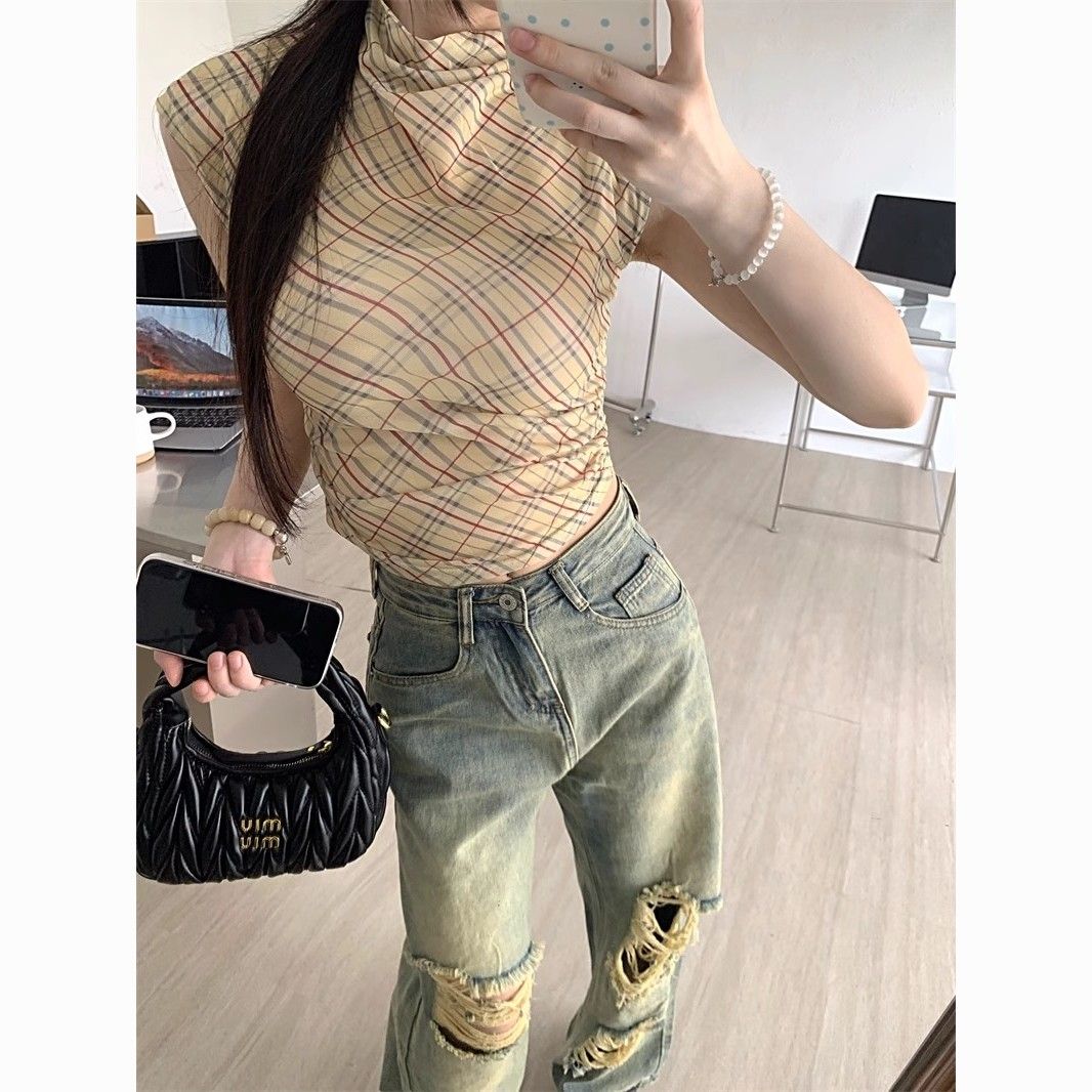 Plaid Mesh Off-Shoulder Crop Top – Spicy Slim Fit Tee