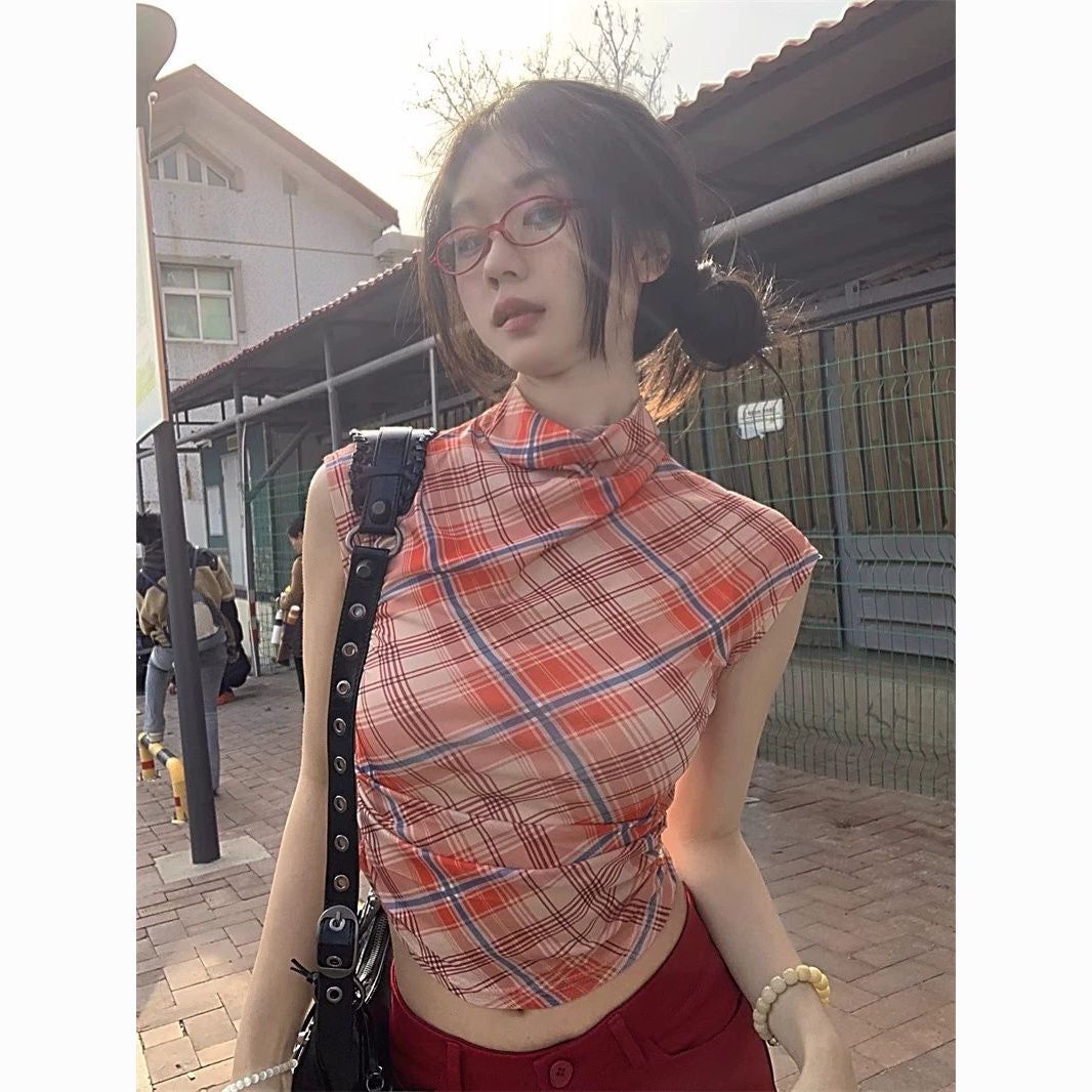 Plaid Mesh Off-Shoulder Crop Top – Spicy Slim Fit Tee