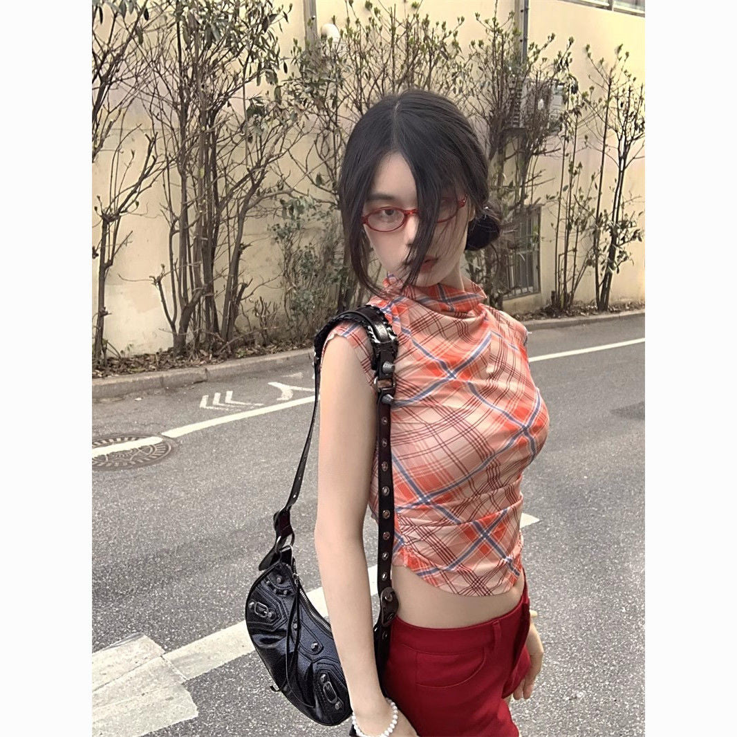 Plaid Mesh Off-Shoulder Crop Top – Spicy Slim Fit Tee