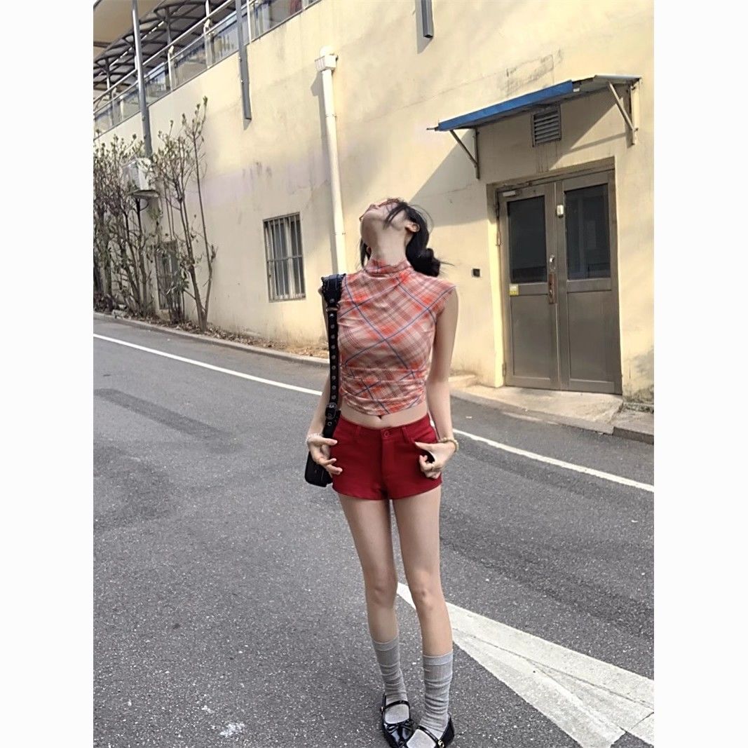 Plaid Mesh Off-Shoulder Crop Top – Spicy Slim Fit Tee