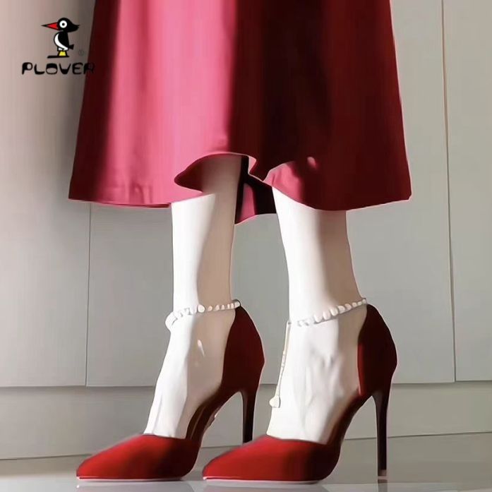French Wine Red Suede Pearl Stiletto Heels – Bridal Closed Toe Xiuhe Wedding Shoes
